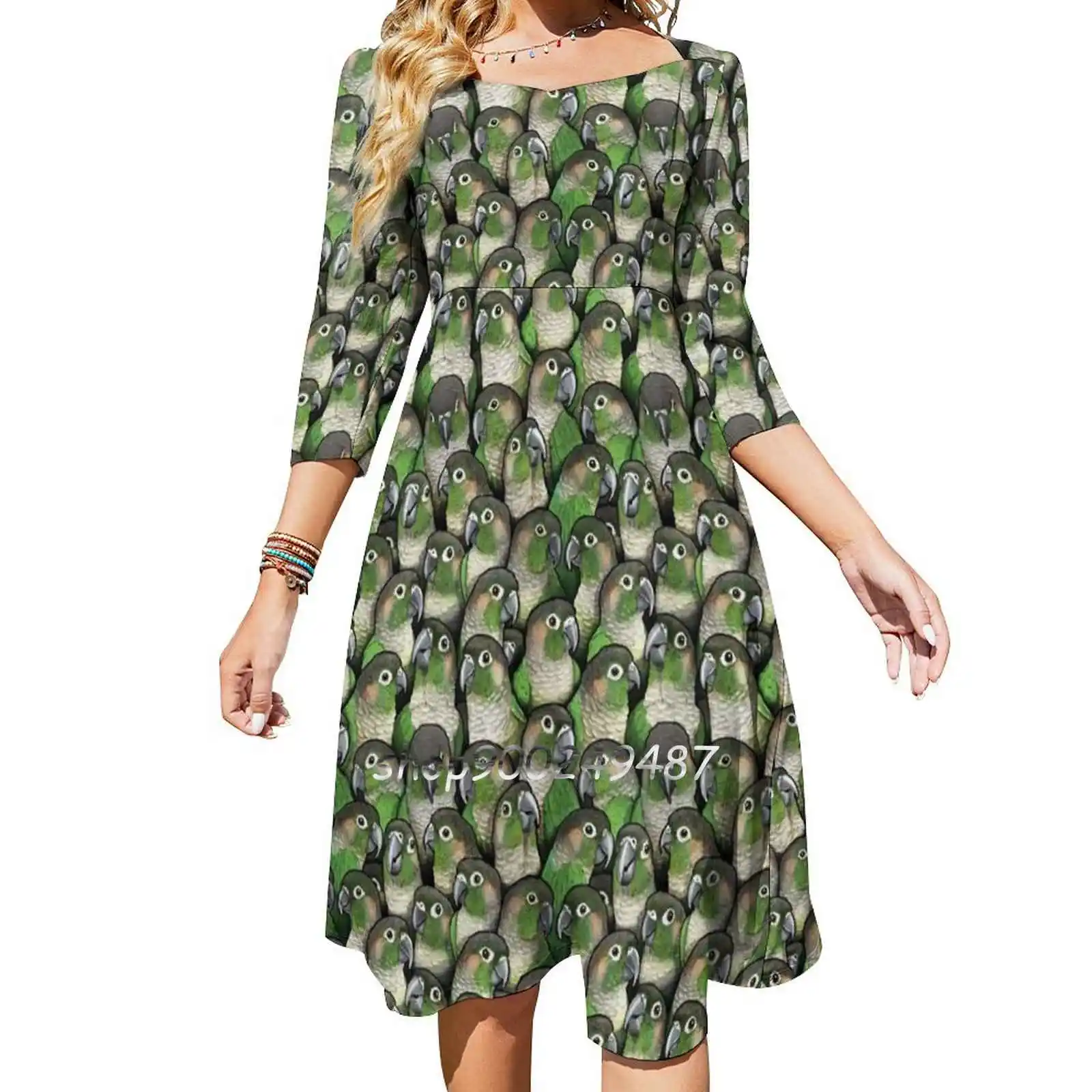 Green-Cheeked Conures Sweetheart Knot Flared Dress Fashion Design Large Size Loose Dress Green Cheeked Green Cheek Green