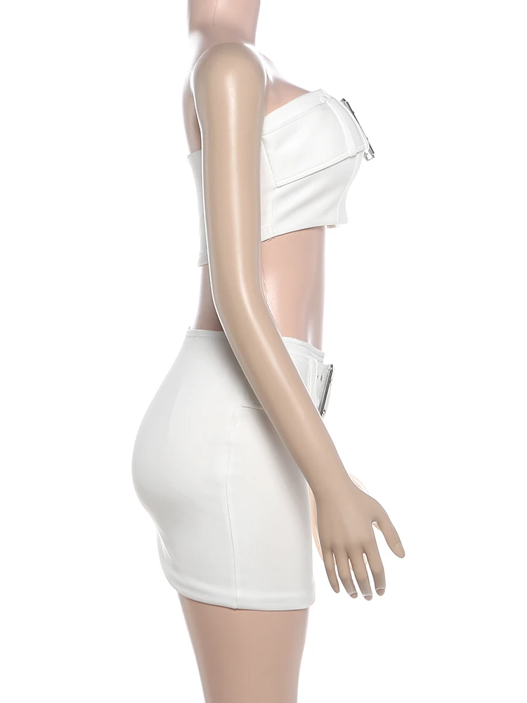 Weird Puss Metallschnalle 2-teiliges Set Damen Sexy Einfaches Crop Tank Top + Mini Pfirsich-Hüftrock Hottie Midnight Street Party Anzüge – Detail 5
