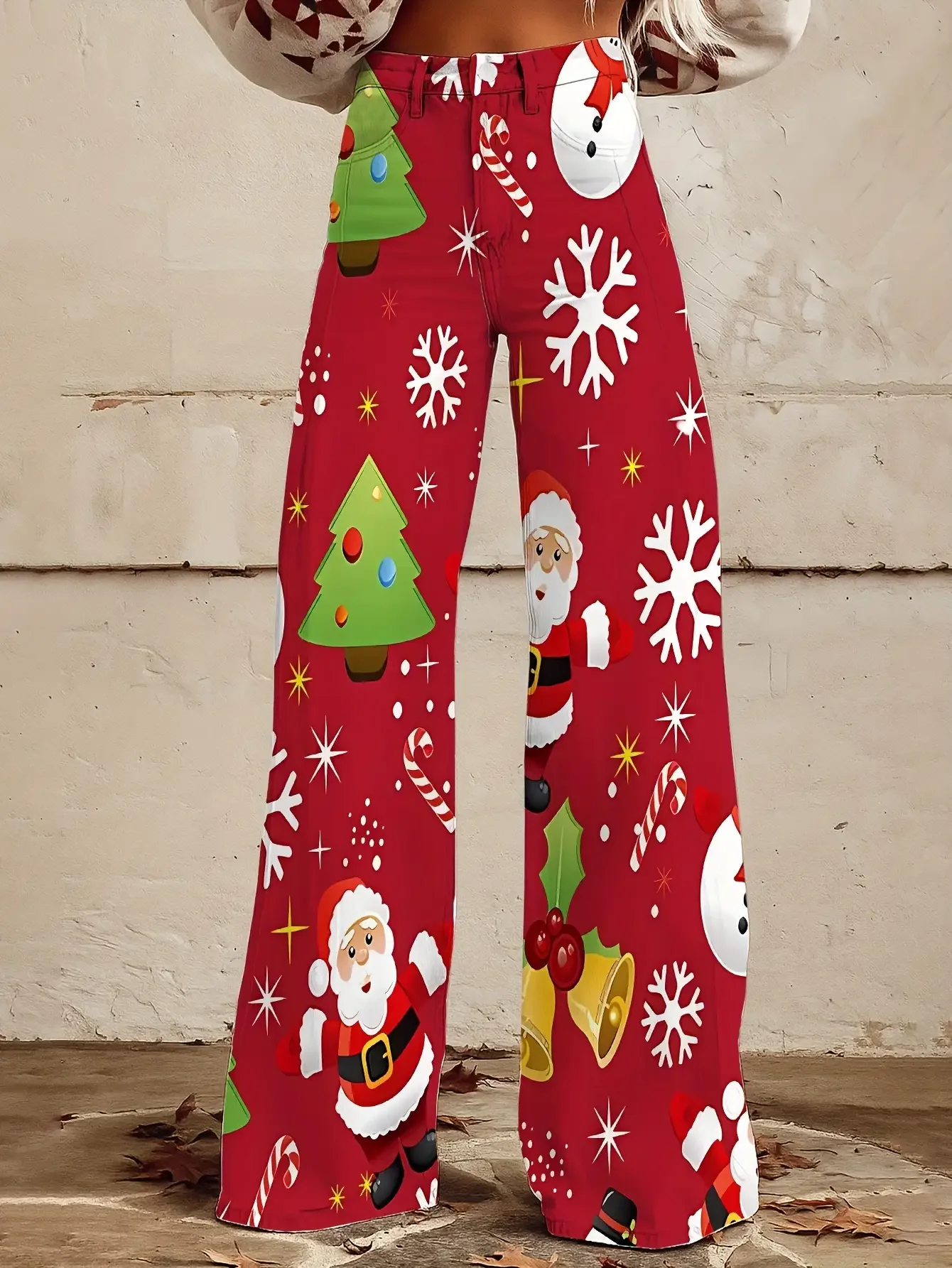 2026Ladies' imitation denim pants with Christmas snowflake pattern autumn and blue background Santa Claus snowflake pattern