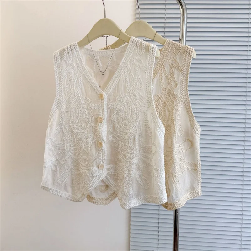 French Floral Embroidery Solid Vest Women V Neck Thin Single Breast Sleeveless Tank See Through Casual Summer Top