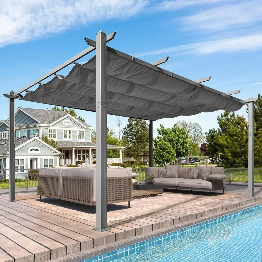 12 x 16 FT Pergola, Aluminum Pergola with Retractable Canopy, Upgraded Shelter with Adjustable and Removable Sun Shade