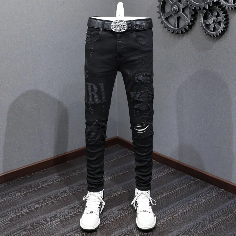 

Advanced designer fashion new men's jeans stretch slim fit washed black patchwork jeans high street hip-hop brand pants hombre