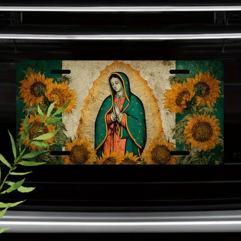 2D Flat, Our Lady of Guadalupe and Sunflower Car Front License Plate |, Novelty Decoration, Suitable for Men/Women