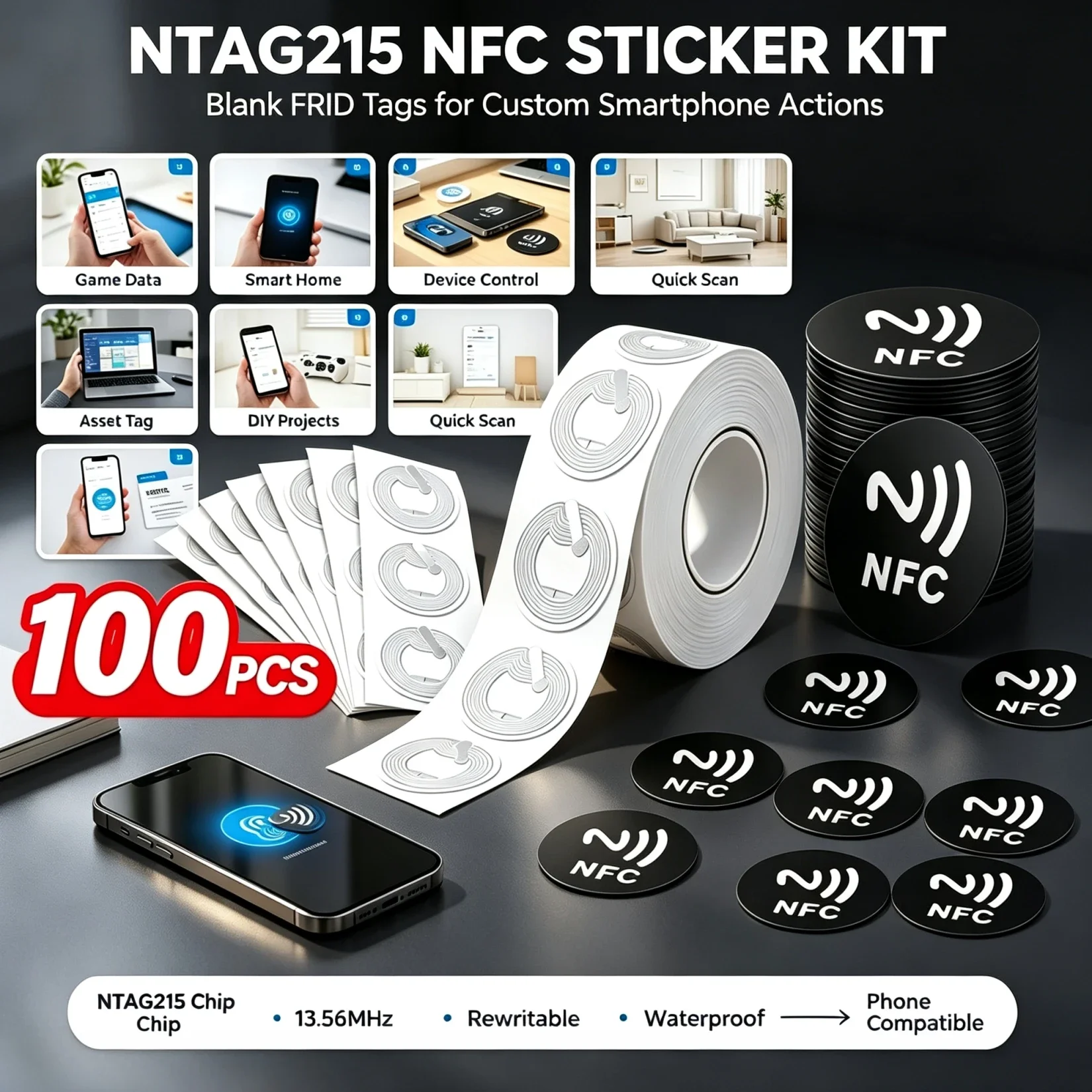 DIXSG10/100PCS RFID NFC Ntg215 Tags Black Sticker 13.56MHz NFC 215 Adhesive Labels 25MM 504 Bytes NFC Personal Automation NFC215
