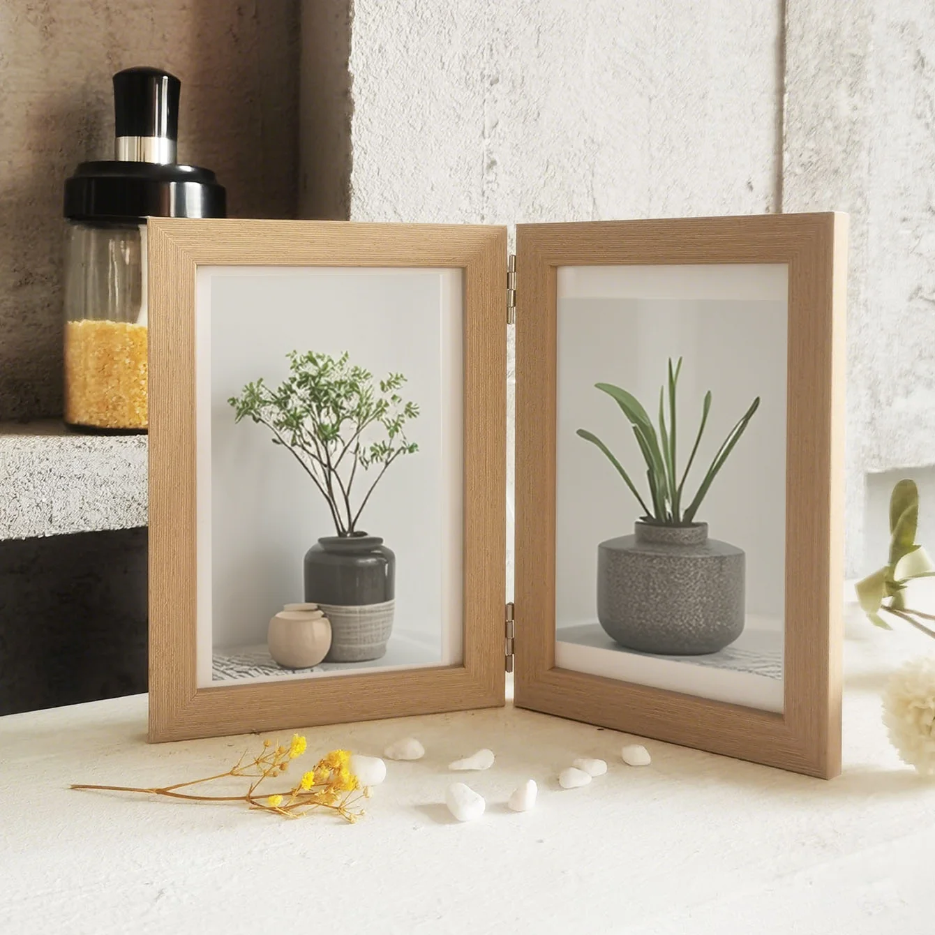 10 x 15 cm großer doppelter Fotorahmen mit Scharnier aus Holz, faltbarer Tisch-Collagenrahmen für Paare/Familienerinnerungen – Geschenk-Heimdekoration
