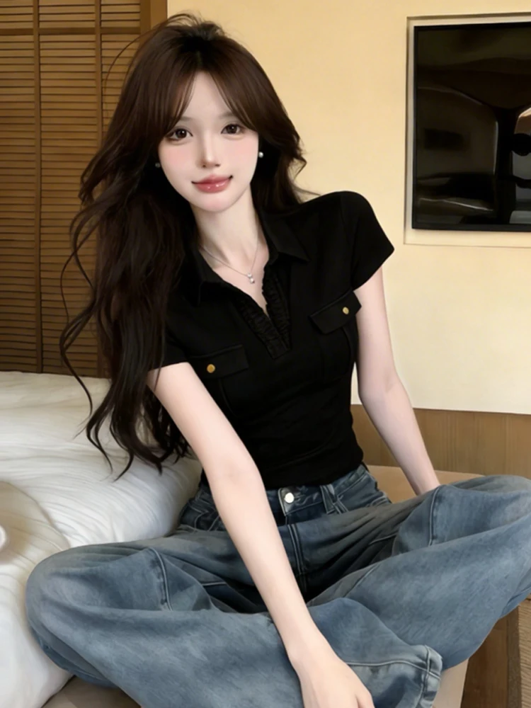 Slim Fit  Neck T-Shirt with Ruffle Short Sleeve Bore Hole Summer Casual High Waist Straight Leg Trendy Women's Top