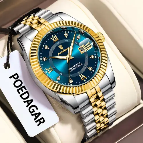 Imagen 2 del producto Reloj de pulsera POEDAGAR informal a la moda para hombre, Reloj luminoso resistente al agua con fecha para hombre, relojes de negocios de cuarzo de acero inoxidable para hombre