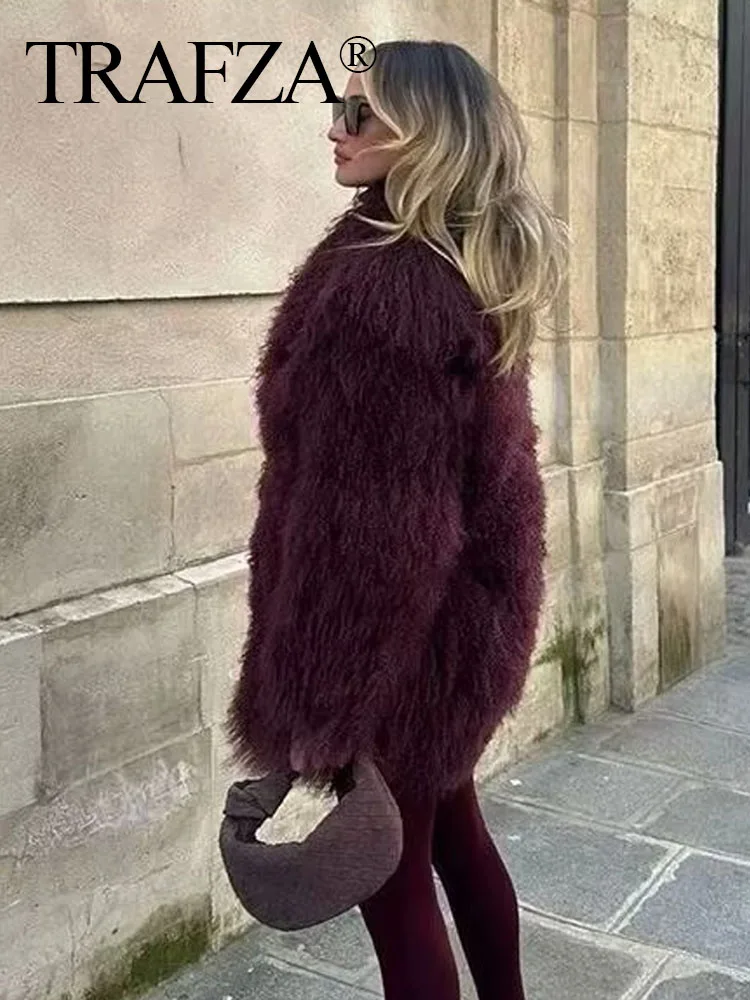 TRAFZA Winter Woman Wine Red Vintage Casual Outerwear Women Faux Fur Jacket Elegant Long Sleeves Turn Down Collar Warm Long Coat