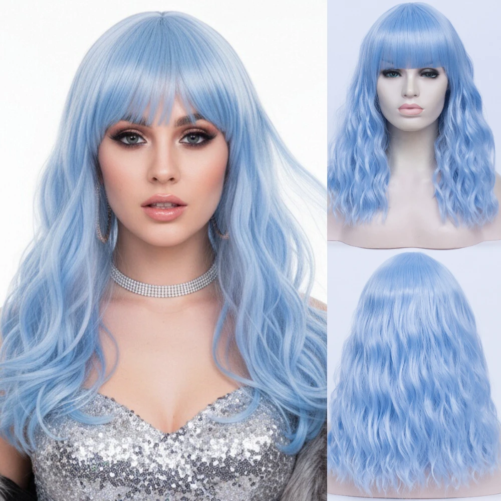 

Синий синтетический парик средней длины, прямой, с челкой, из термостойкого шелка, полностью закрывающий голову, для повседневного использования, вечеринок и косплея