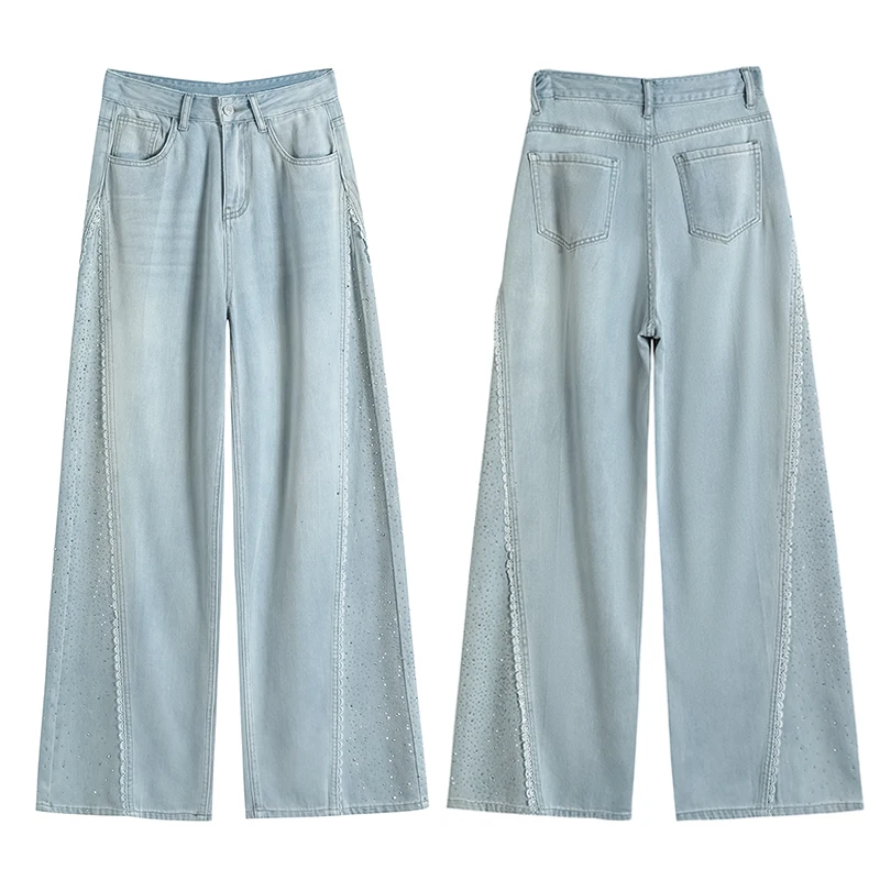 KSTUN Women's Loose Wide Leg Lyocell Jeans With Hot Drilling Lace Trim High Waist Casual Denim Pants Thin & Soft Breathable
