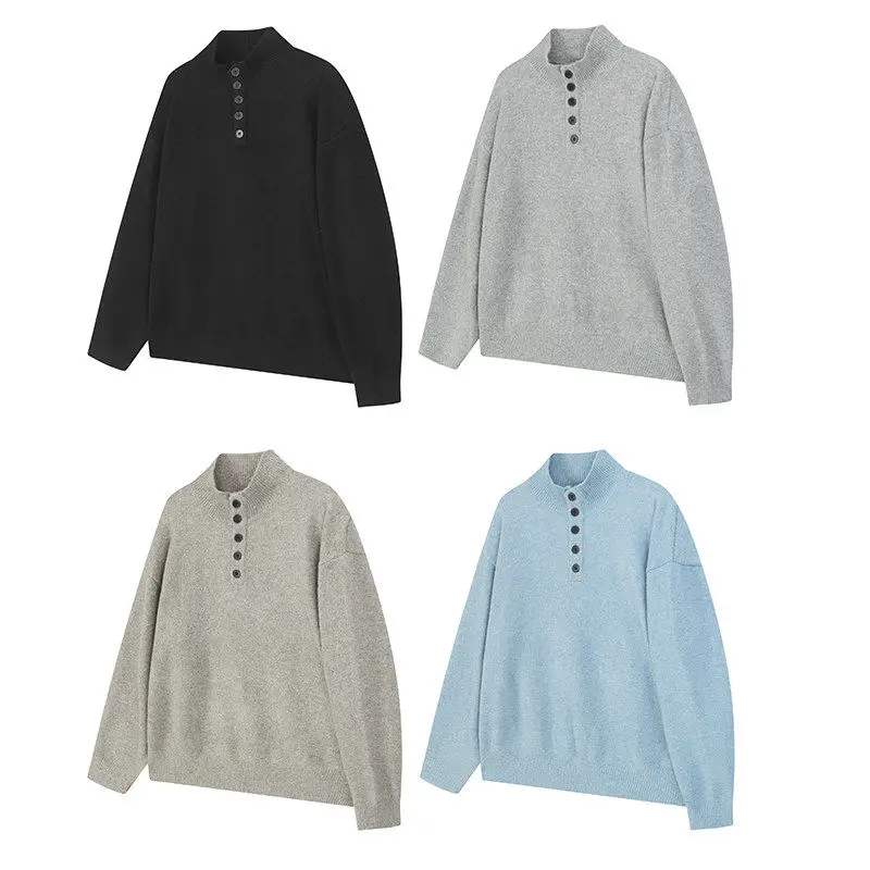 Autumn and Winter Japanese Lazy Style BF Simple Semi Open Button Henry Collar Knitted Sweater for Couples
