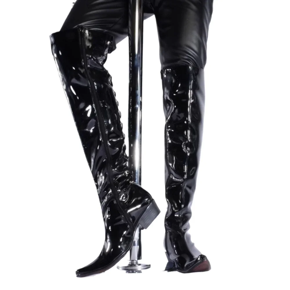 Punk Sexy Patent Leather Equestrian Boots For Men Steel Pipe Platform Cowboy Shoes Pointed toe Over-the-Knee Boots Show Party