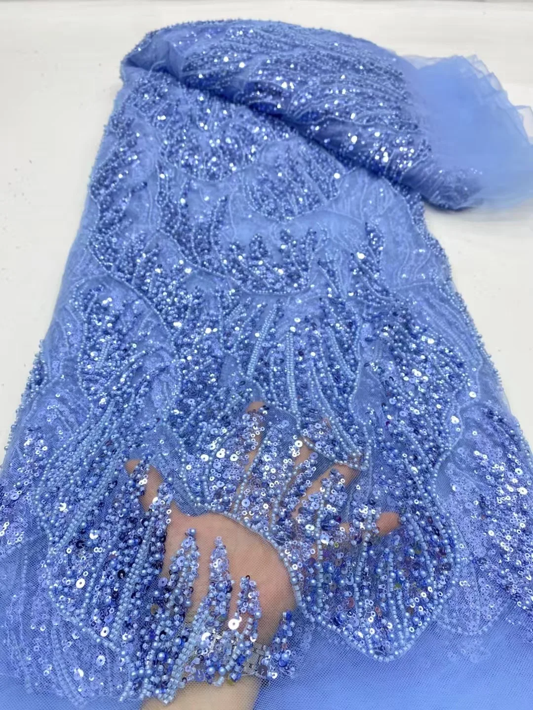 

2025 африканская нигерийская высококачественная вышивка блестками, тюль, кружевная ткань, швейные бусины, камень для выпускных платьев DP0403, 5 ярдов