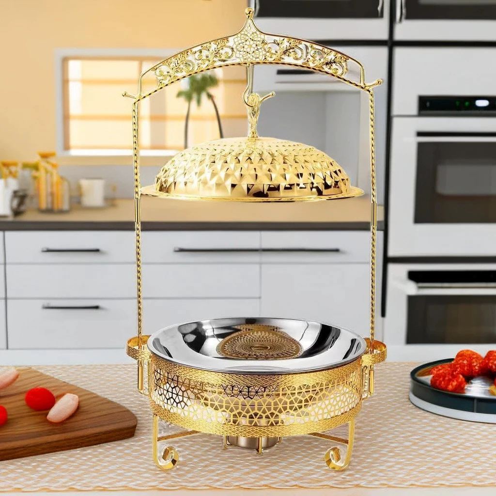 8L Commercial Round Hanging Lid Dining Stove Party Chafing Dish Home Countertop Stainless Steel Buffet Set Gold