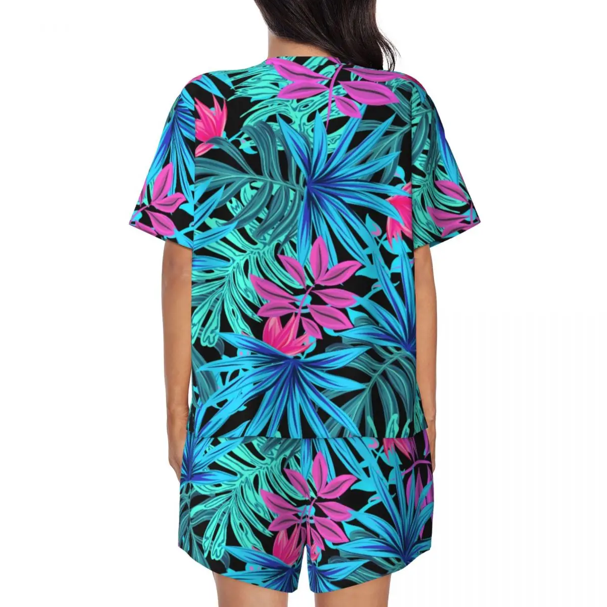 Tropical Leaves Pajamas Lady Hawaiian Print Retro Nightwear Summer Short Sleeves 2 Pieces Casual O Neck Pattern Pajama Sets