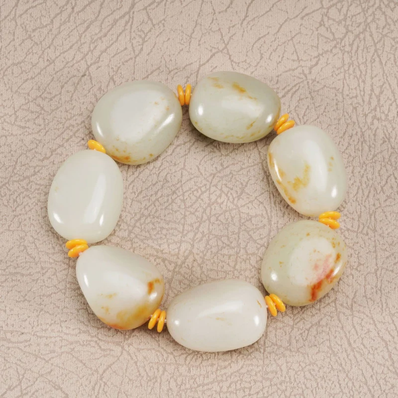 Hotan Jade Seed Material Irregular Bead Bracelet with Skin, Jade Bead Bracelet Men and Women