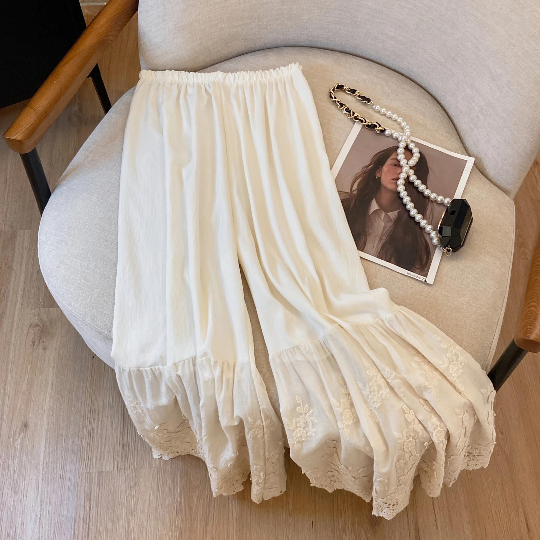 Japanese Style Wide Leg Pants Women's Artistic Loose Waist Draping Soluble Lace Trim  Overlap Nine Point Pants