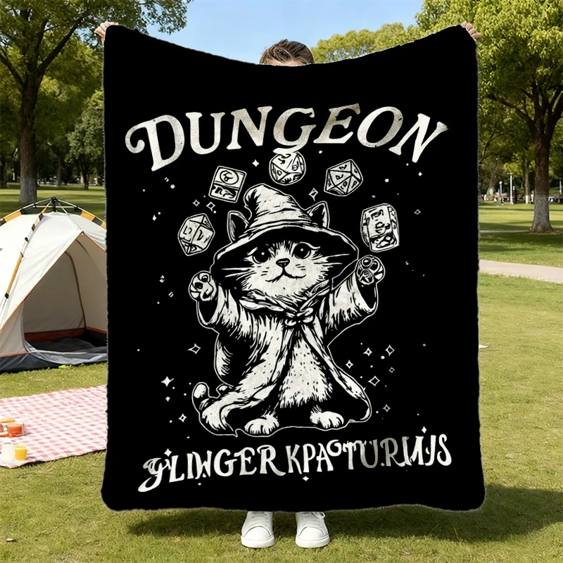 Dungeon Meowster Flannel Blanket, Funny Board Game Cat Flannel Throw, Fantasy Cozy Blanket, Houses and Humans