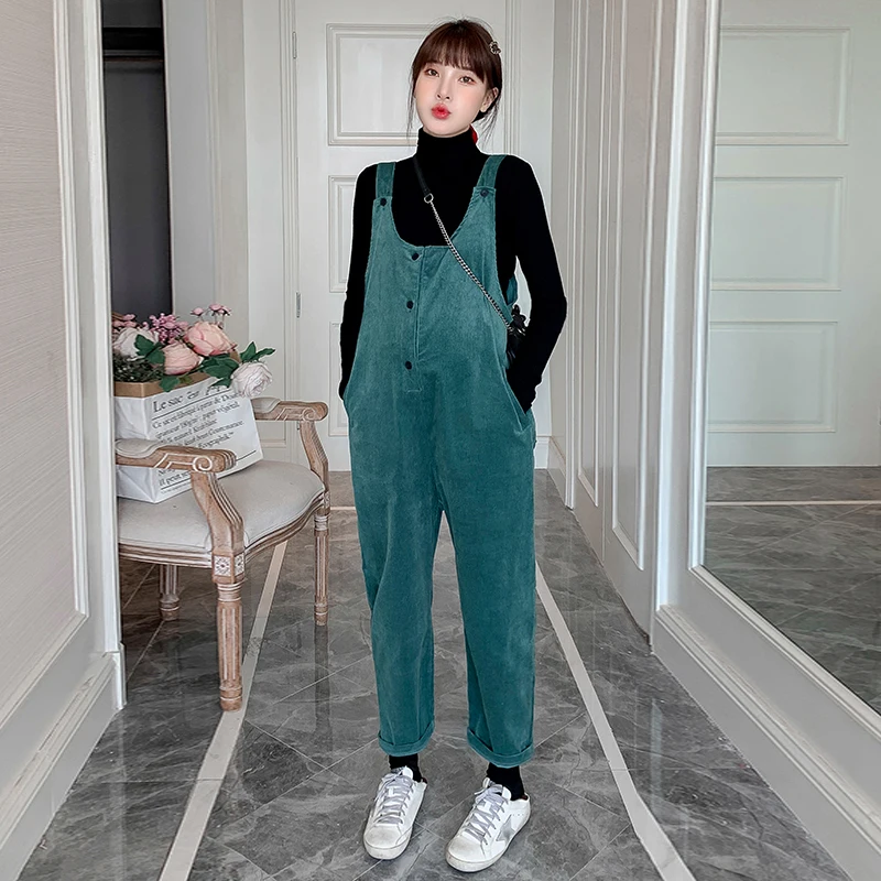 Koreanische Art Herbst Schwangerschaft Hosen Anzüge plus Größe grüne Overalls Langarm Roll kragen Top Twinset Preppy Style Kleidung Sets