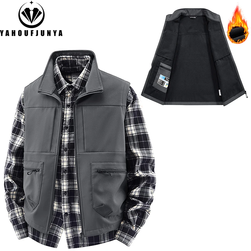 

New Autumn Men Sleeveless Fleece Stand Collar Vest Men Winter Outdoor Windproof Casual Fashion Loose Brand Zipper Vest Male Coat