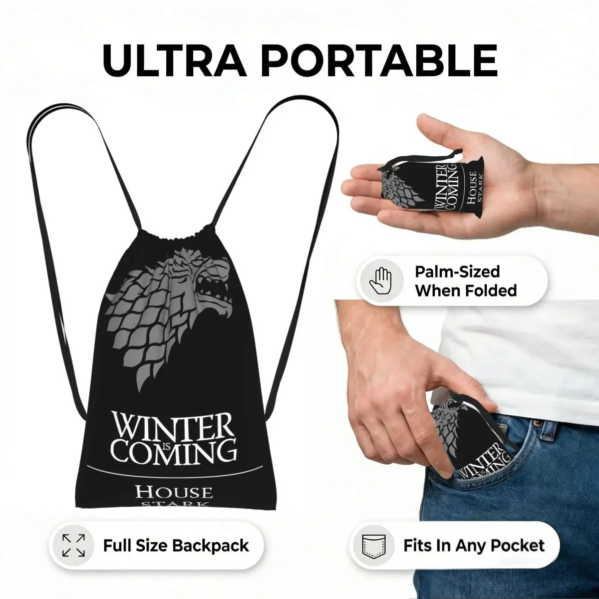 Winter Is Coming Drawstring Backpack hiking cycling Bag Portable Travel Drawstring Bag for Men Women