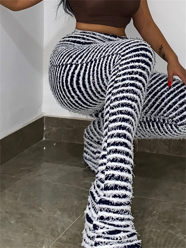 Weird Puss Striped Fluffy Stacked Pants High Waist Trend Causal Sporty Leggings Skinny Elastic Wild Streetwear Shaggy Trouser