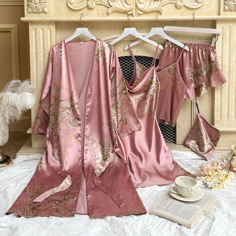 

5pcs Floral Print Long Sleeve Robe Cami Dress Cami Top Ruffle Hem Shorts Simple Pajamas Sets for Women