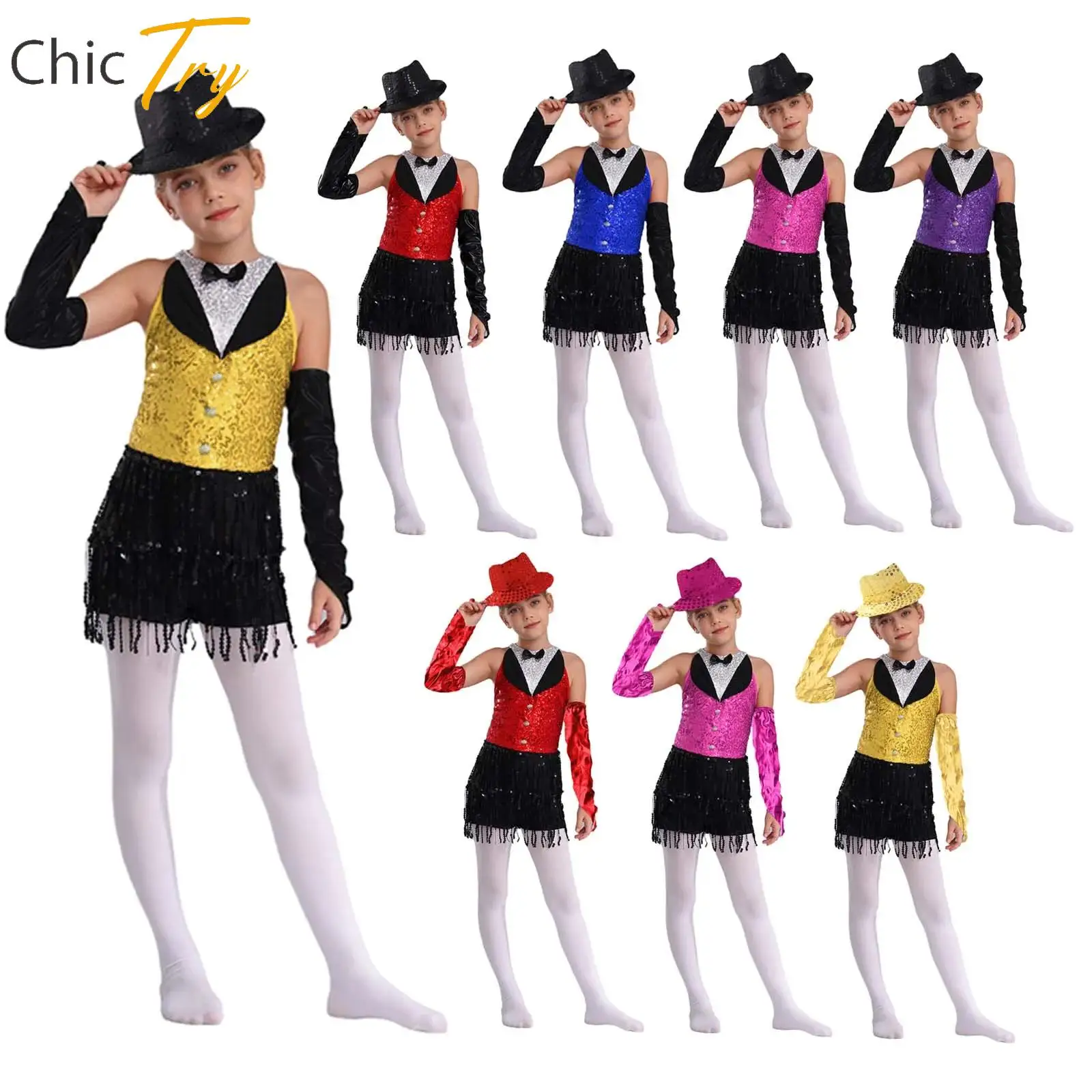 

Kids Girls Latin Jazz Dance Outfit for Tango Cha-cha Dancing Performance Fashion Outfit Sparkly Sequin Tassel Leotard+Gloves+Hat