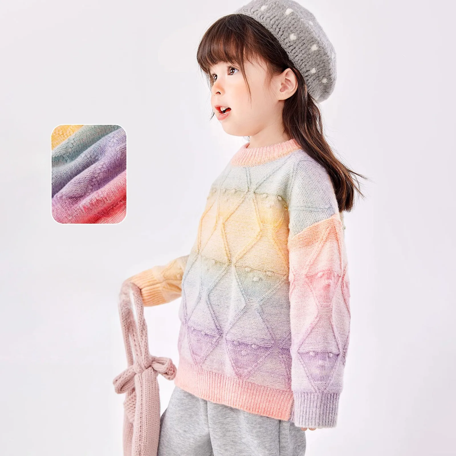 

Cute Girls Gradient Rainbow Sweater Autumn Winter Long Sleeve Colorful Knitted Sweater Cardigan 1-8Years Children Loose Knitwear