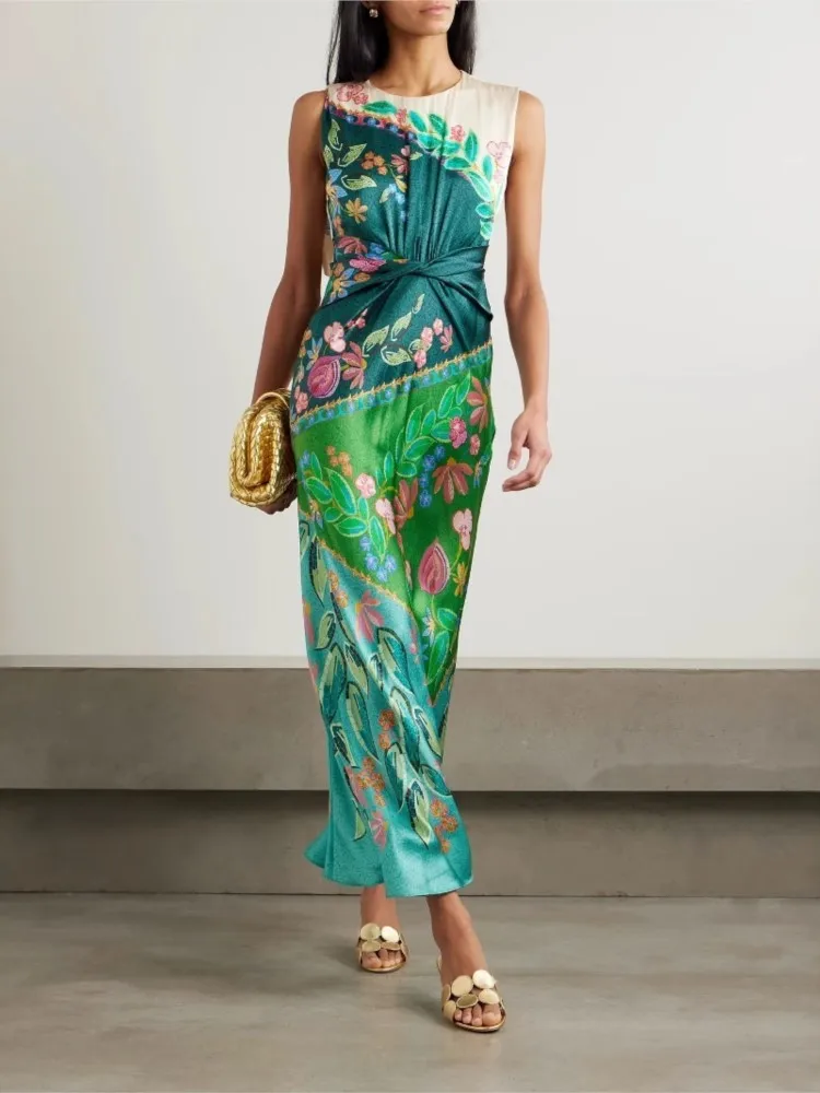 

Summer Casual Comfortable Sleeveless Fashion Printed Satin Twist Dress Women's Literary Retro Style Round Neck High Waist Dress