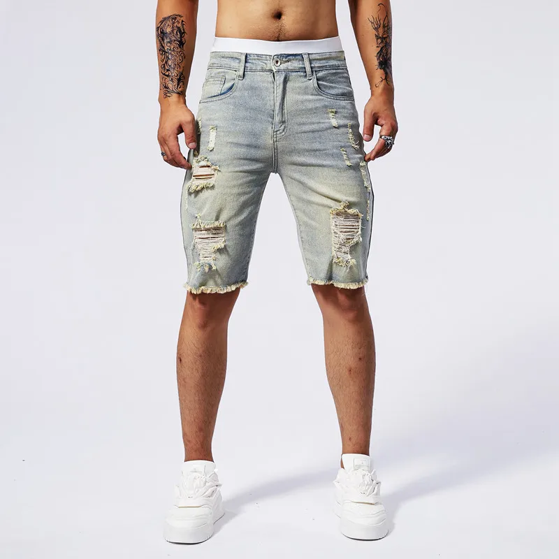 Summer men\'s ripped denim shorts in three colors fashionable retro washed high elasticity slim fit straight leg denim shorts