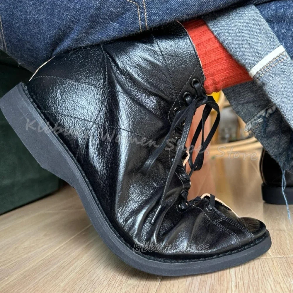 Vintage Lace-Up Pump Ankle Boot Genuine Leather Mixed Color Fashion Elegant Concise Sexy Luxury Shoes Round Toe Flat With Newest