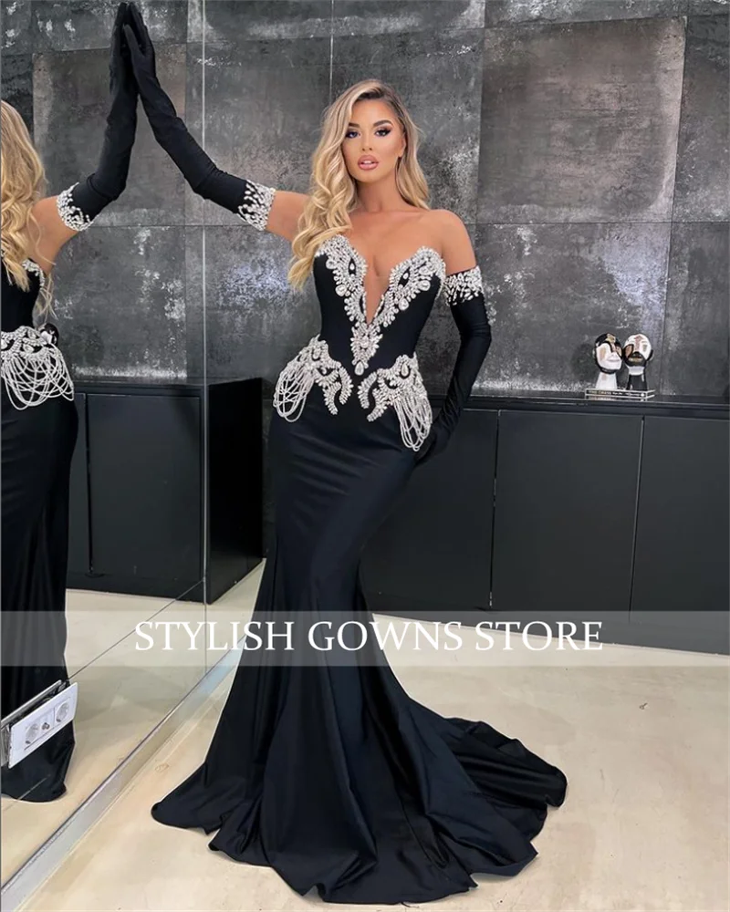 Luxury Dubai Sweetheart Evening Dresses For Black Girls Beaded Crystal Birthday Party Gowns With Gloves Tassel Robe De Bal