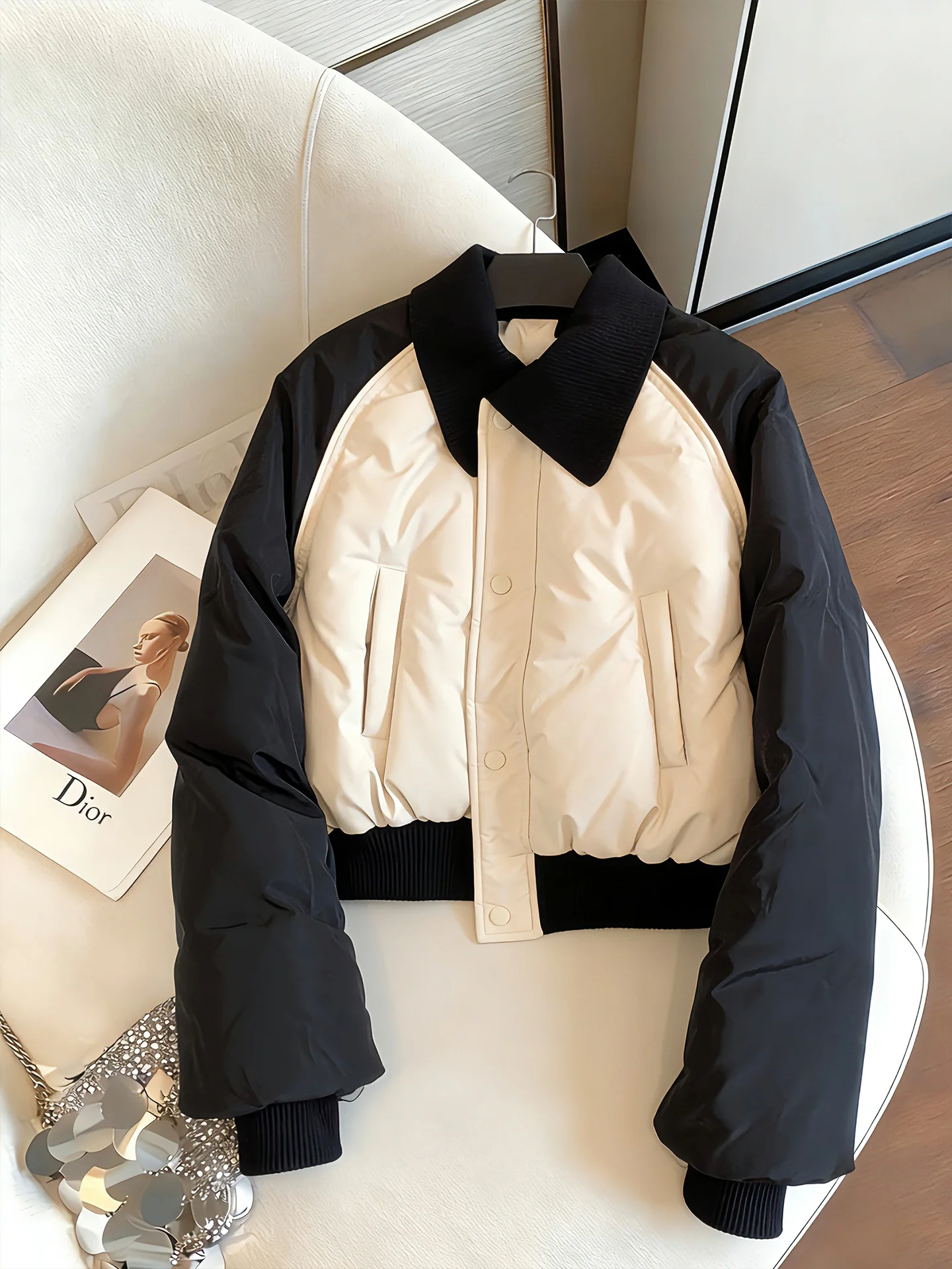 

Retro Contrast Color Blo Cotton Jaet ort Collar Women's Outerwear Slimming Versatile Autumn Winter Cotton Coat