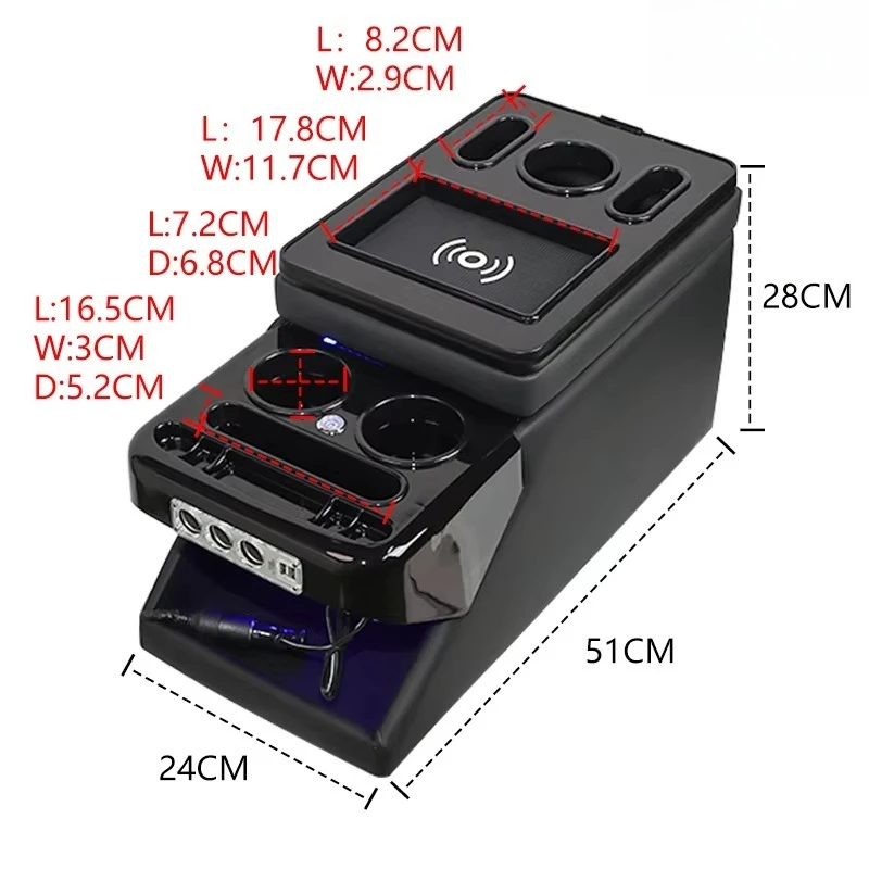24cm Width Car Universal Armrest Box Middle Row MPV Storage Box Console Wireless Charging Car Armrest Box
