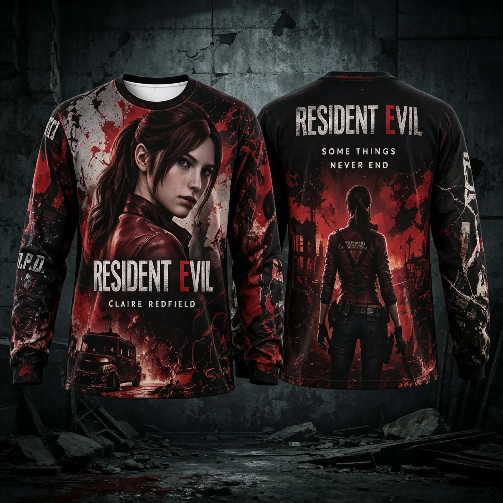 Resident Evil 3D All Over Print Long Sleeve Shirt Leon Claire Ada Wong Graphic Tee Men Women Horror Game Full Print Long Sleeve