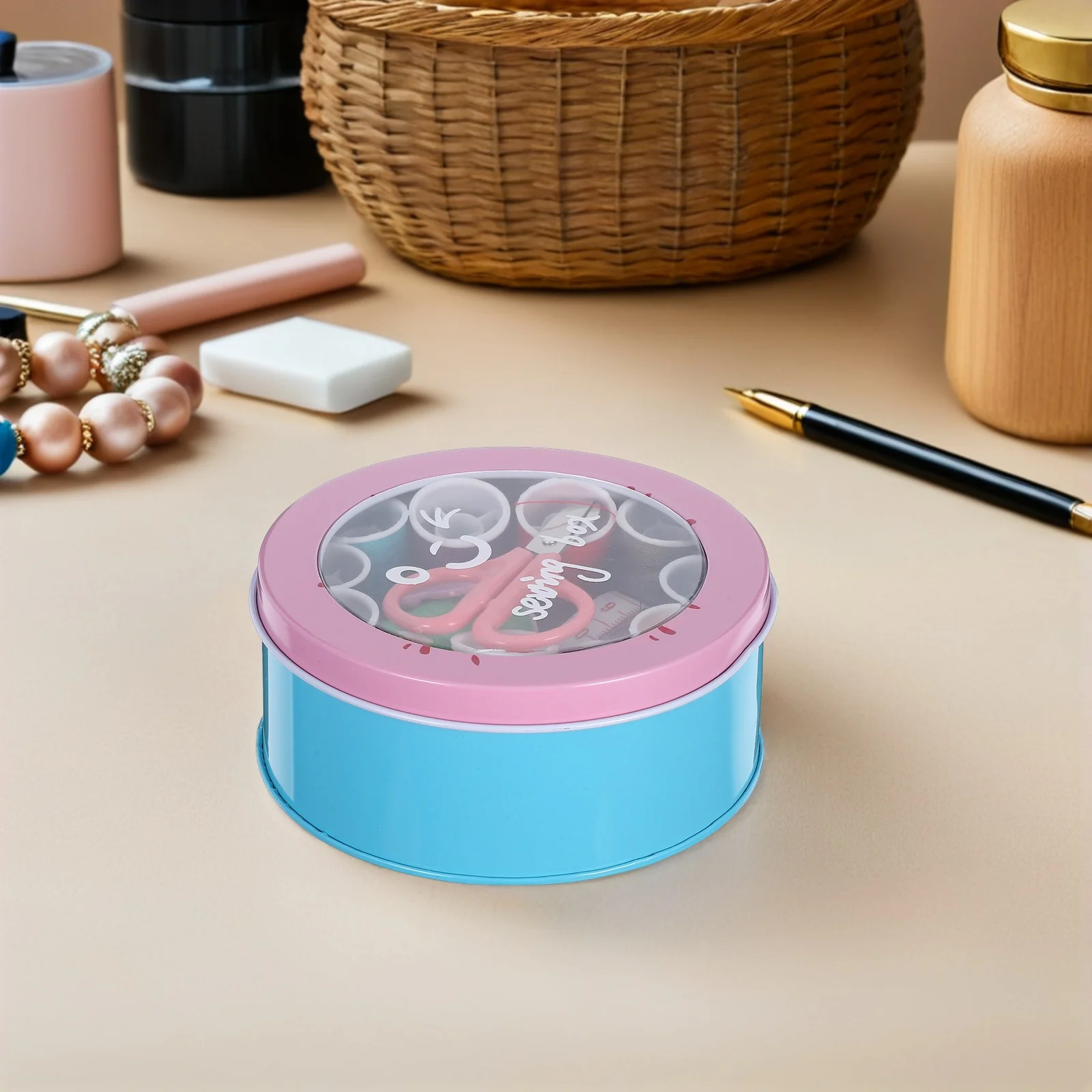 

1Set Sewing Thread Kit Portable Round Iron Case 12color Threads 16 Needles Scissors Tape Household Sewing Thread Case