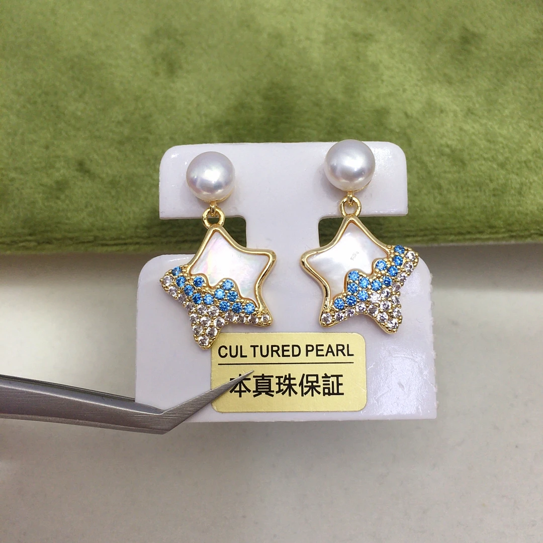 ZHBORUINI  Natural Freshwater Pearl Pendant Earrings Cute Style Natural Sea Shell Star Micro Inlaid Zircon Pearl Set view 3