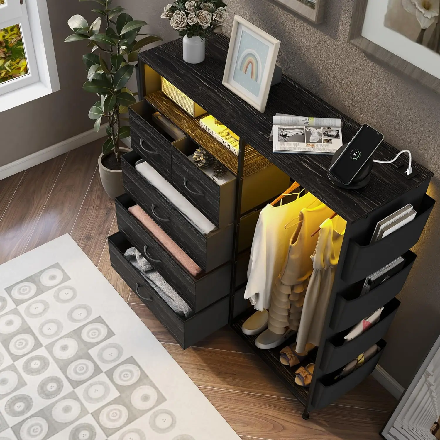 خزانة ملابس لغرفة النوم مع رف ملابس وجيوب جانبية 5 أدراج مع محطة شحن وأضواء LED وخزانة تخزين سوداء #6