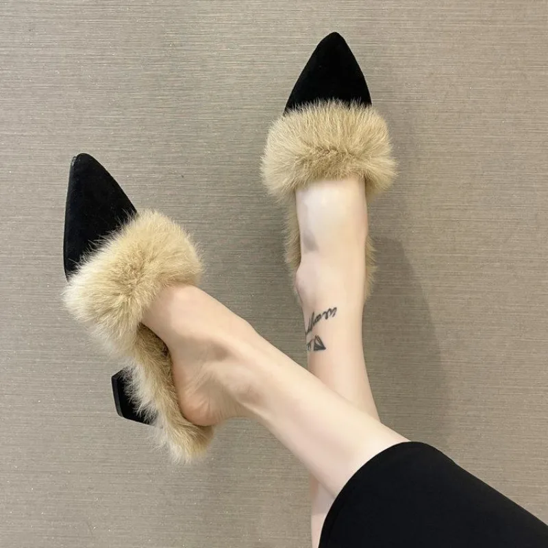 Winter New Fur Slippers Women Elegant Fashion Pointed Toe Mules Lady High Heel Shoes Female Sexy Chunky Warm Slides Black 34-42