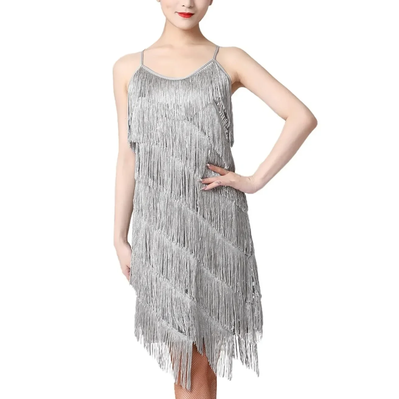 Women Salsa Latin Dance Dress Sequin Tassel Fringe Flapper Dress 1920s Gatsby Cocktail Dress Tango Ballroom Dancing Costume