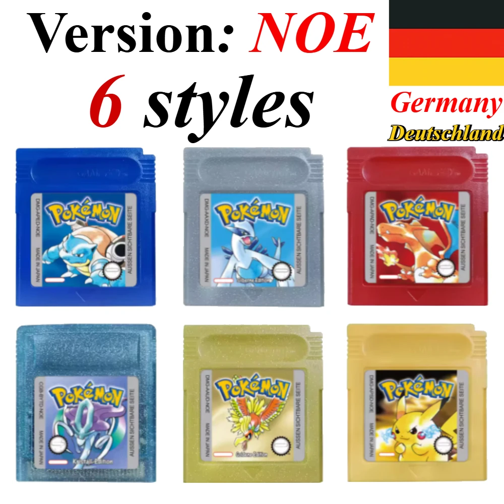 7 Stile Pokémon 16-Bit GBC Spielmodule Rot Blau Grün Gold Silber Kristall Gelb Version USA/FRA/NOE/ESP Version Englisch