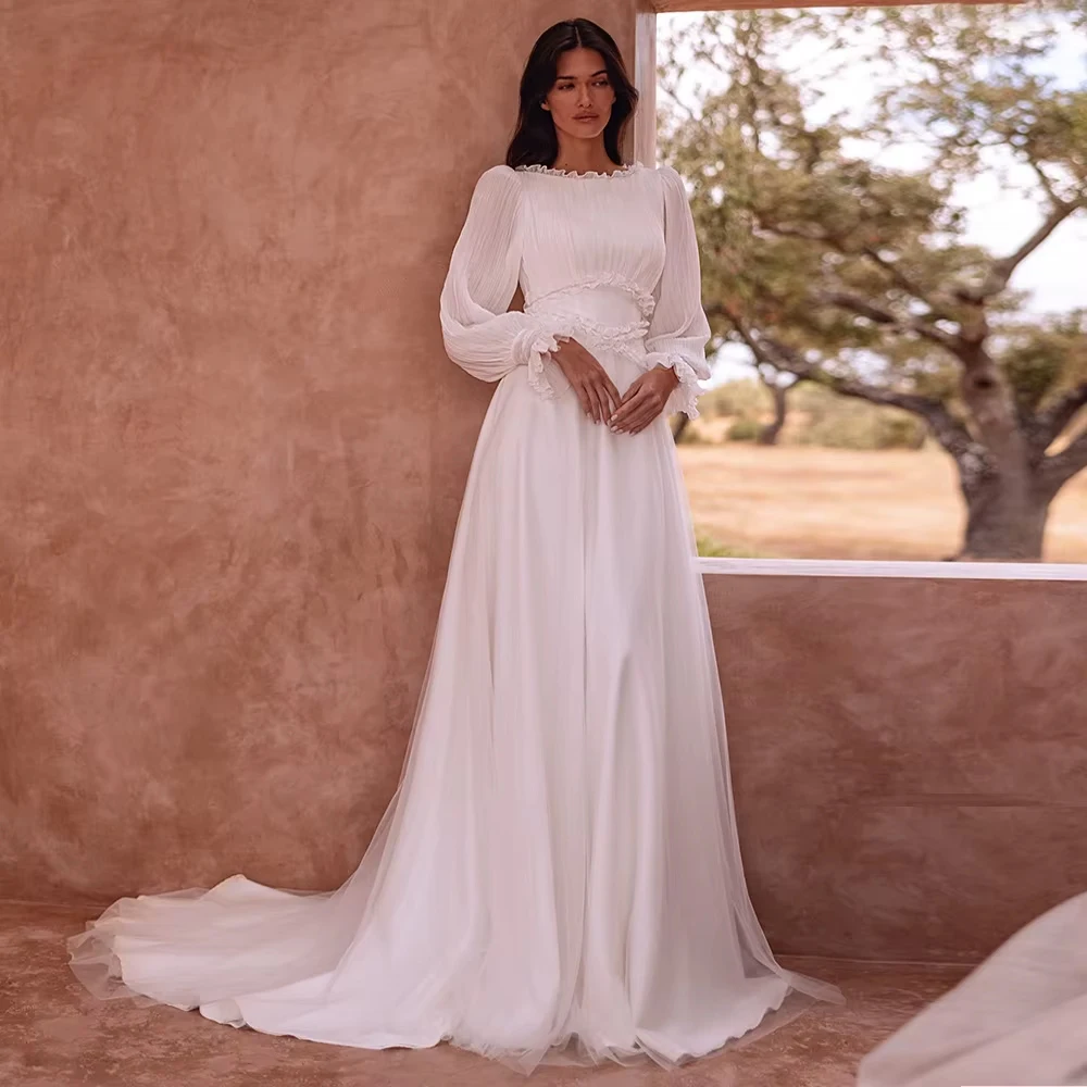 Fashion Scoop Wedding Dresses for Ladies Elegant Chiffon Bridal Gowns with Lace Exquisite Full Sleeve Vestidos De Novia New 2026