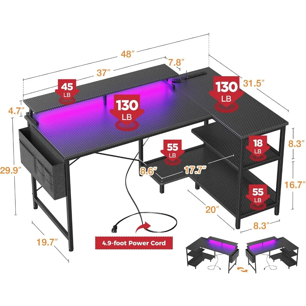 48 Inch Gaming Desk with USB Charging Ports and LED Lights, Reversible L Shaped Computer Desk with Storage Shelves