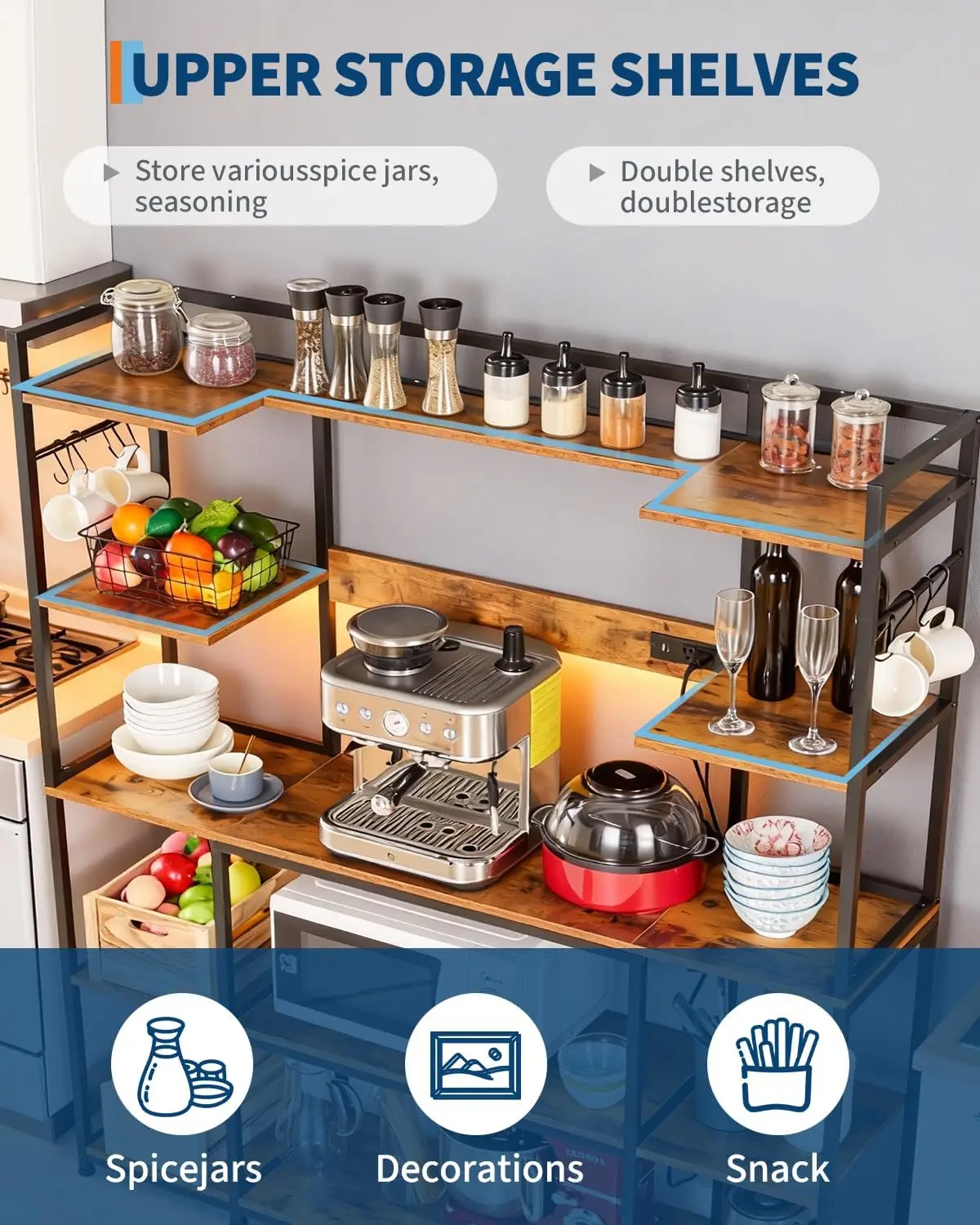 Industrial Kitchen Bakers Rack with Power Outlets, 5-Tier Microwave Stand with 2 AC Outlets, USB & Type-C Ports, 6 S-Hooks Kitch