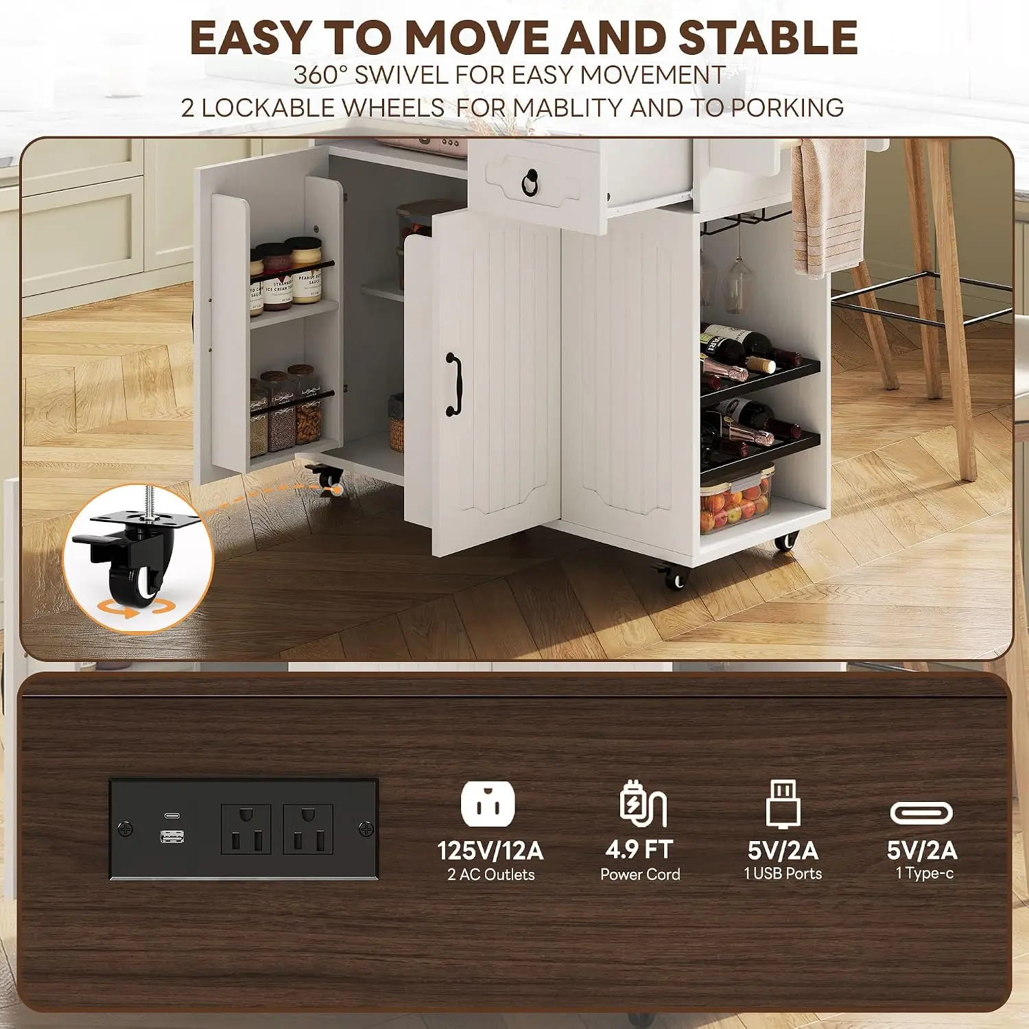 Kitchen Island Power Outlet USB Charging Rolling Cart Drop Leaf Spice Wine Glass Rack Small Space, Customized