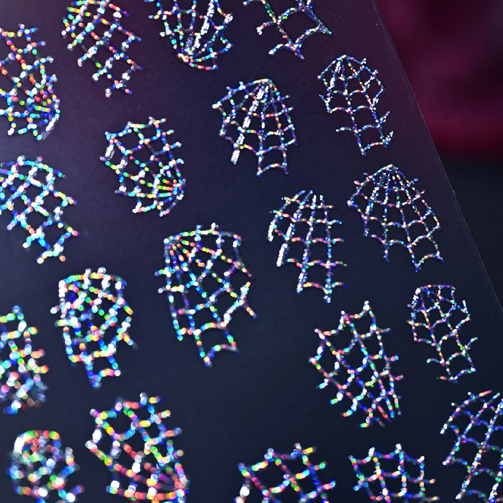 1 Blatt 3D Holographische Glitzer-Spinnennetz-Nagelaufkleber Halloween Glänzende Laser-Spinnennetz-Nagelsticker Selbstklebende Nageldekoration – Detail 2