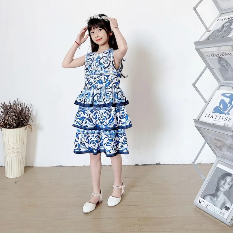 

Cake Skirt Summer Style Girls Blue and White Porcelain Camisole Dress Round Neck A-line Knee Length Dress