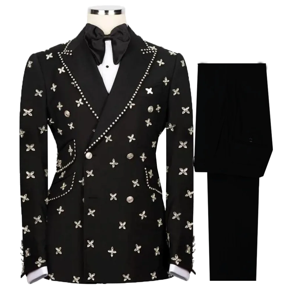 

Metallic Jewelry Stoned Tuxedos Suit For Man Luxury Double Breasted Jacket Pants 2 Pieces Goom Wedding Party Dresses Customized