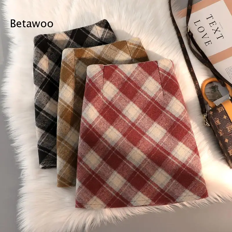 Women High Waist Plaid Woolen Mini Skirt A Line Flared Short Skirt for Winter Sweater Matching